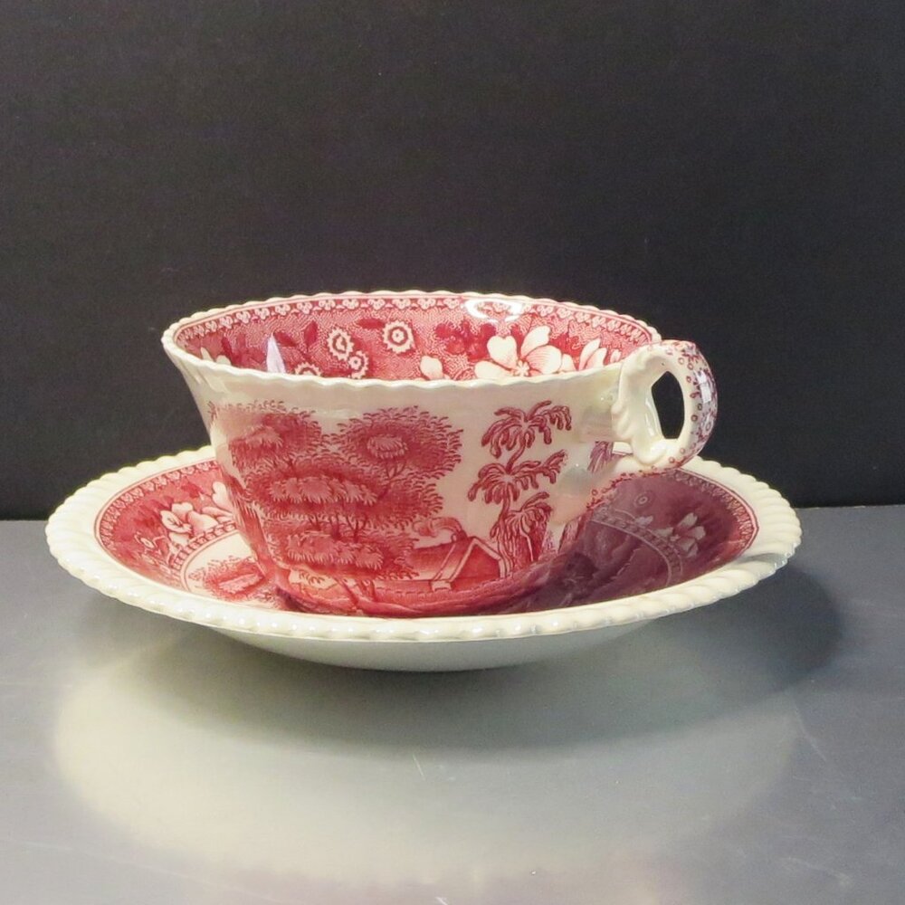 Antique Copeland Tea Cups With Saucers Spode Towers Pink White Transferware - Picture 3 of 7